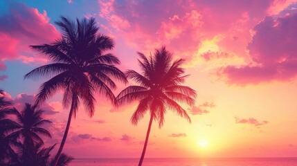 Obraz premium Tranquil Sunset Over Calm Ocean with Silhouetted Palm Trees Against a Colorful Sky Transitioning from Pink to Purple during Twilight Hours