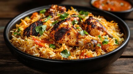 Fototapeta premium Delicious Chicken Biryani with Fragrant Rice and Aromatic Spices in a Black Bowl on a Rustic Wooden Table for Culinary Delight