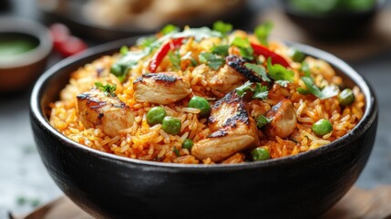 Fototapeta premium Delicious chicken biryani with fresh cilantro and chili peppers in a black bowl studio shot