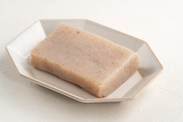 Raw konjac in square shape, also named konnyaku in Japan.