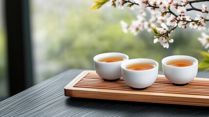 Fototapeta premium Elegant chinese tea ceremony with traditional porcelain cups and cherry blossoms, perfect for cultural experiences and zen moments