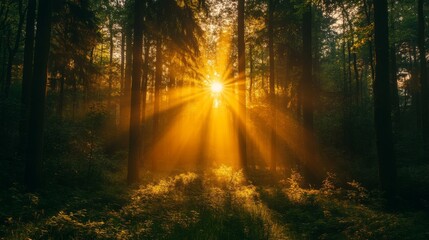 Fototapeta premium Sunlight streams through trees in a serene forest at dawn creating a magical atmosphere in the woodland