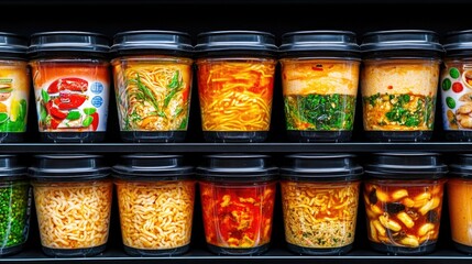 Minimalist display of assorted instant soups in containers for quick meal ideas and convenient dining
