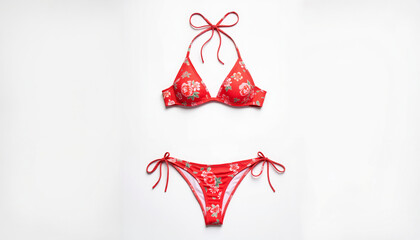 Red floral bikini set against a bright background  