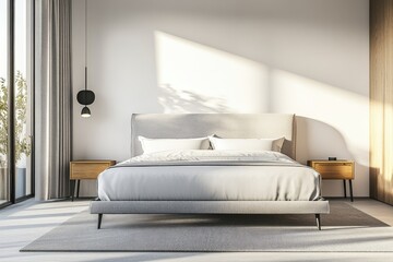 Modern bedroom interior with sunlight streaming in