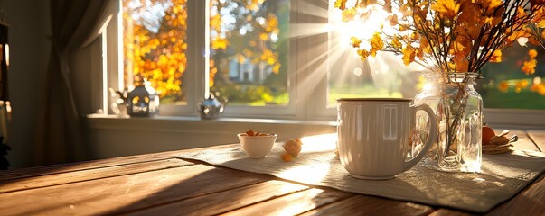 Embrace the cozy charm of autumn with this inviting scene featuring a rustic farmhouse dining table with warm natural wood, gently draped with a soft linen tablecloth, and adorned with vintage