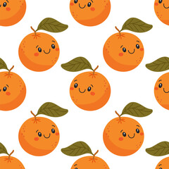 Seamless Pattern with Cute Kawaii Mandarins and Leaves