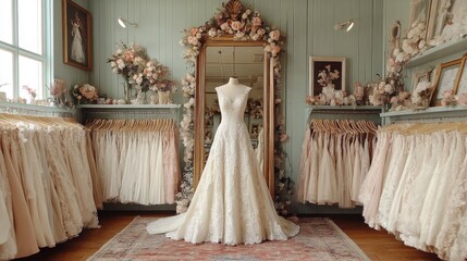 This boutique features a stunning wedding dress elegantly displayed on a mannequin. Surrounding the dress, racks are filled with various dresses, enhancing the romantic atmosphere.