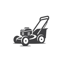 Naklejka premium Lawn mower logo on white background. Logo featuring a man mowing the grass for brand. Suitable for landscaping, gardening, outdoor services, lawn care businesses.