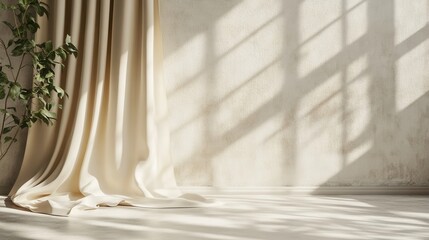 Serene interior scene with soft light casting shadows on a textured wall beside a draped curtain and plant creating a peaceful and inviting atmosphere