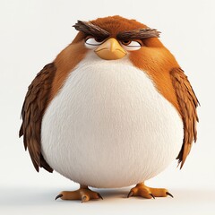 A fluffy, grumpy hawk stands against a stark white background, its expression conveying annoyance and displeasure. The 3D cartoon bird is round and feathery.