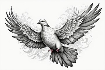 Obraz premium A grayscale drawing of a dove in flight, surrounded by ornate swirls.