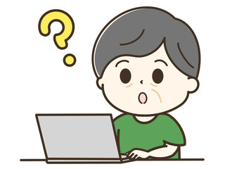 パソコンを使ってはてなと疑問を持つおじいさんの上半身のゆるかわイラスト