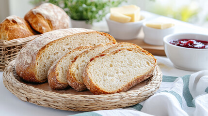 Fototapeta premium Freshly baked bread slices rustic plate, accompanied by butter and jam, create cozy breakfast