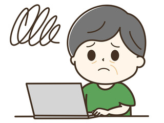 パソコンを使ってモヤモヤするおじいさんの上半身のゆるかわイラスト