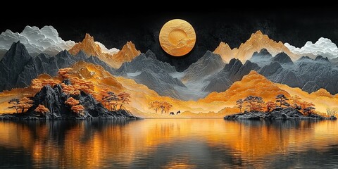 Serene Landscape Golden Sun, Reflective Water, Detailed Mountain Range, Autumn Trees