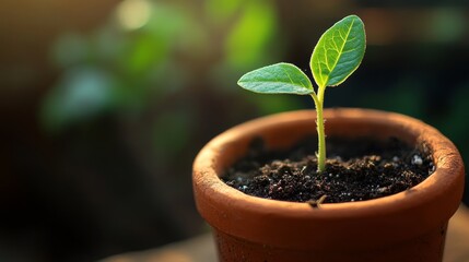 New plant sprouting in a small terracotta pot under soft sunlight by a window