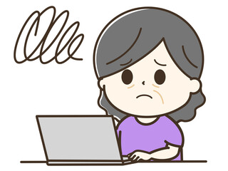 パソコンを使ってモヤモヤするおばあさんの上半身のゆるかわイラスト