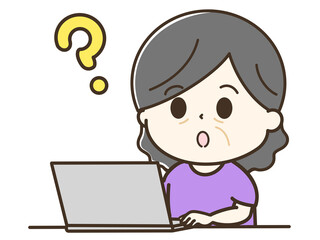 パソコンを使うはてなと疑問のおばあさんの上半身のゆるかわイラスト