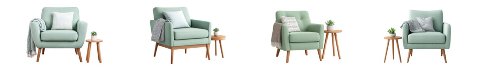 Comfortable and stylish green upholstered armchairs and sofa with wooden accent tables and potted plants in a minimalist contemporary living room design