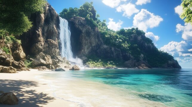 Secluded tropical paradise with waterfall cascading onto pristine beach