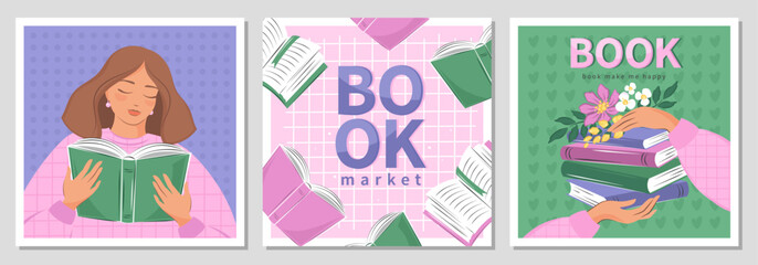Set of banner for bookstore, library, sale in bookshop, market. Girl reading a book. Spring summer floral background. Vector illustration for poster, cover, marketing, sale.