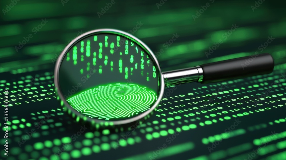 Poster a magnifying glass focuses on a fingerprint against a backdrop of digital binary code, symbolizing d