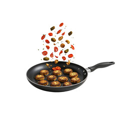 Frying pan with falling vegetables and meatballs in dynamic motion, realistic cooking scene with vibrant colors, isolated on white background