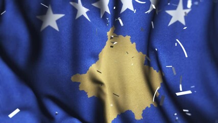Waving Kosovo Flag with Confetti – Independence Day Celebration