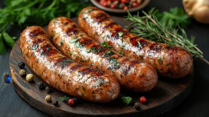 Fototapeta premium Grilled sausages on a wooden board with herbs and spices a culinary delight showcasing delicious food photography perfect for gourmet cuisine and savory meat dishes
