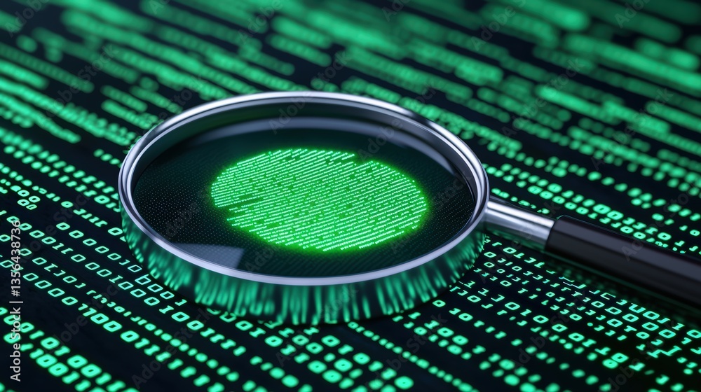 Poster a magnifying glass focuses on a green fingerprint against a backdrop of binary code, symbolizing cyb