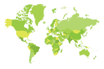 This vector representation features a blank political world map utilizing the Mercator projection, displaying regions and continents in various shades of green for easy identification.