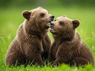 Obraz premium Two young brown bears playfully interacting in a lush green meadow. This adorable wildlife moment captures their bond, curiosity, and the beauty of nature in the wild.