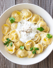 Homemade Russian dumplings. Pelmeni. Traditional Russian Food.