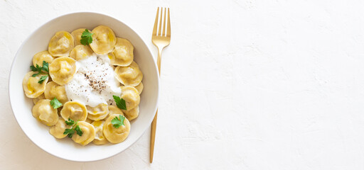 Homemade Russian dumplings. Pelmeni. Traditional Russian Food.