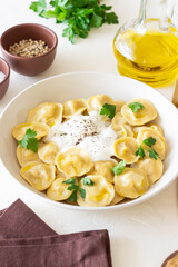 Homemade Russian dumplings. Pelmeni. Traditional Russian Food.