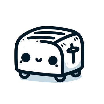 Cartoon Toaster Icon, Black and White, Representing Kitchen Appliances, Breakfast, and Toast with copy space