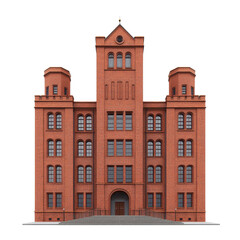 Fototapeta premium Red brick building with a tower and arched windows on a transparent background. Architecture, facade, and urban design concept.
