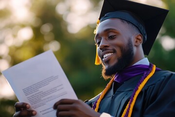 Graduating student reading diploma