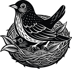 Mother Bird Nesting with Baby Chick
