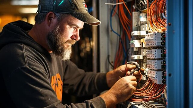 Skilled Technician Working on Electrical Control Panel with Colorful Wires in Low Light Environment