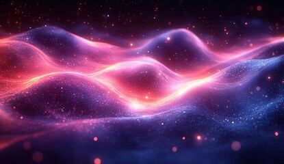 Fototapeta premium Abstract Wavy Landscape, Cosmic Particles, Vibrant Hues of Pink, Purple and Blue Gradient