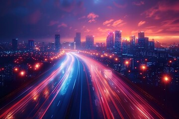 Obraz premium Aerial view of a city at night with a highway network and traffic lights. Concept for urban development, transport system or business center plan. Blurred motion. Abstract background