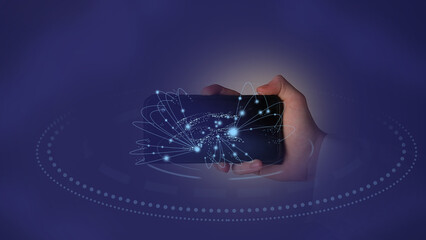 Businessman holds smartphone with visualization of connections of travel, logistics, digital communications big data around the world.
