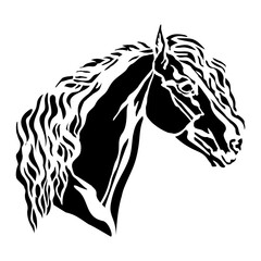 Abstract beautiful horse head silhouette. Horse portrait black and white. Vector illustration, isolated on white background. Template for embroidery, logo, design, tattoo, stencil and laser cutting