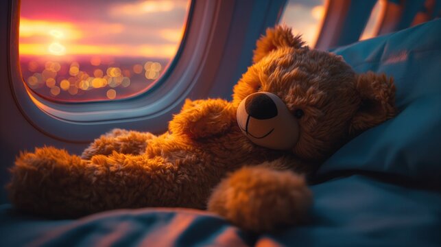 A cute Teddy Bear that are sleeping on a luxury jet plane with window view. It should be night and dark color
