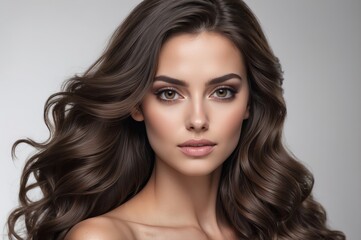 Fototapeta premium Close-up portrait of a young woman with long, wavy brown hair and flawless skin. (1)