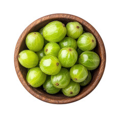 Gooseberries in a wooden bowl on a transparent background. Fresh, ripe, and healthy fruit.