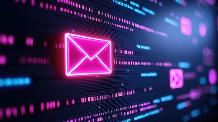 Fototapeta premium A digital illustration featuring a glowing pink envelope amidst a backdrop of binary code, symbolizing communication and technology , Identity Theft Prevention.