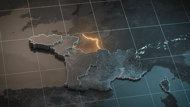 Map of France with country regions outlines.